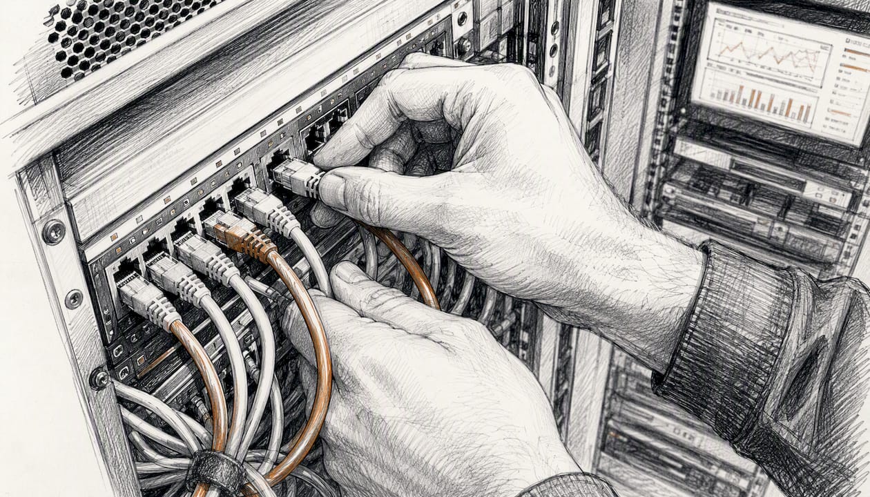 Hands wiring network cables in server rack