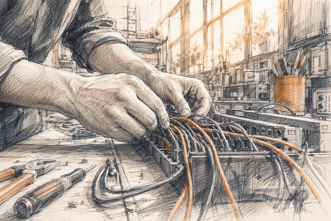 Hands connecting server cables in tech workspace