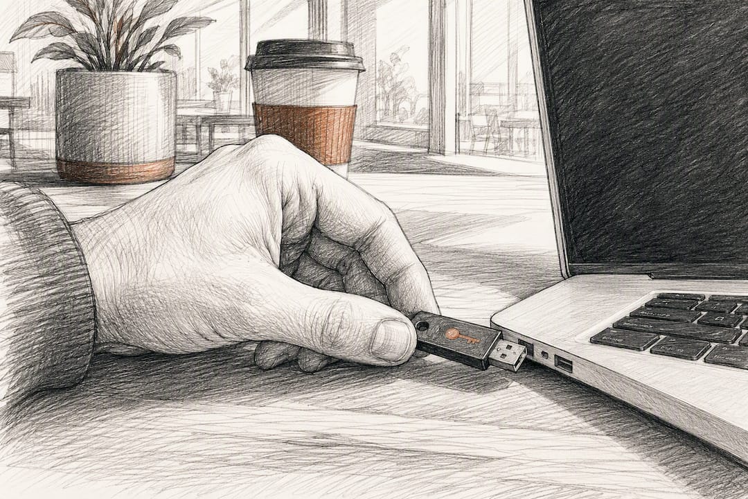 Hand unplugging USB security token from laptop