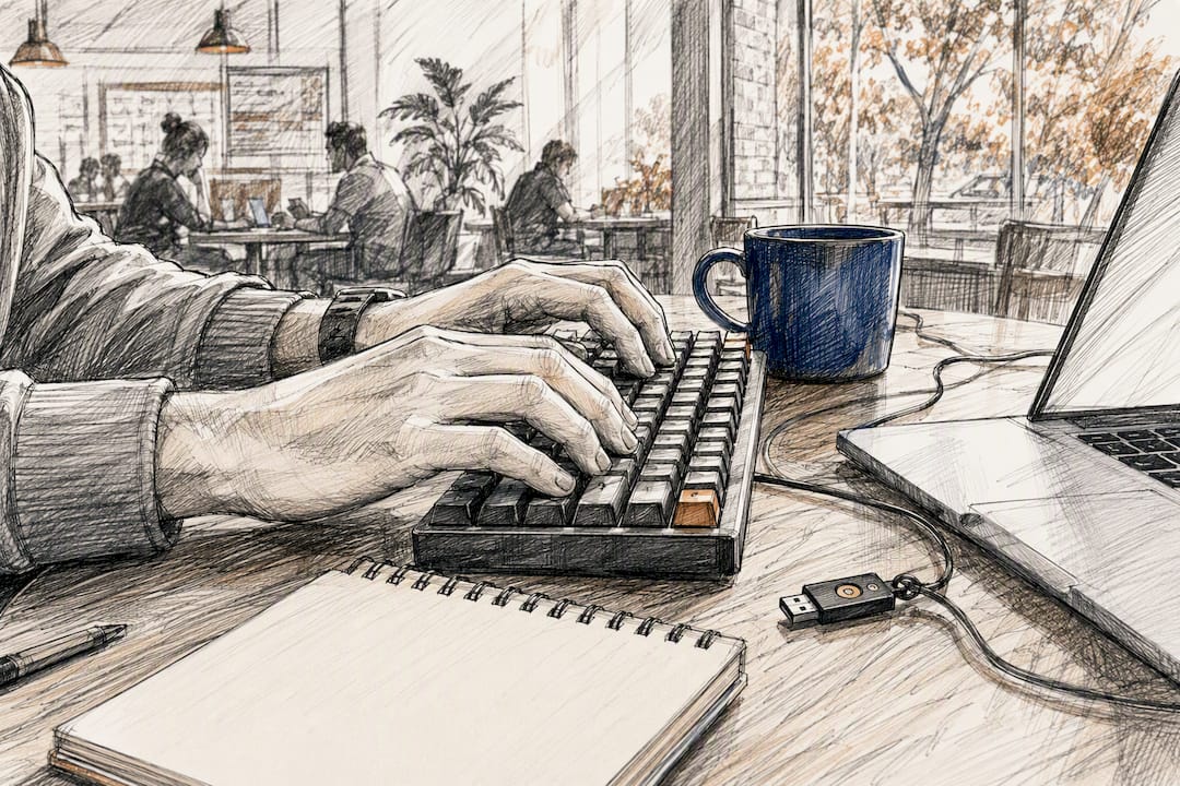 Hands typing on keyboard with obscured security key