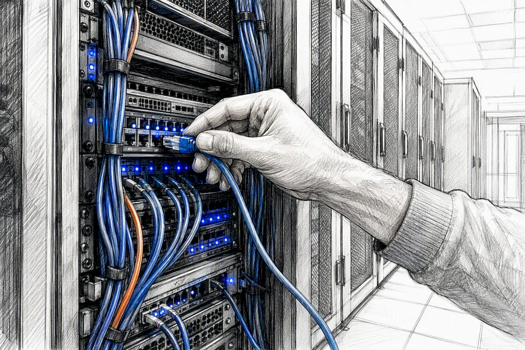 Hands plugging network cable into server rack