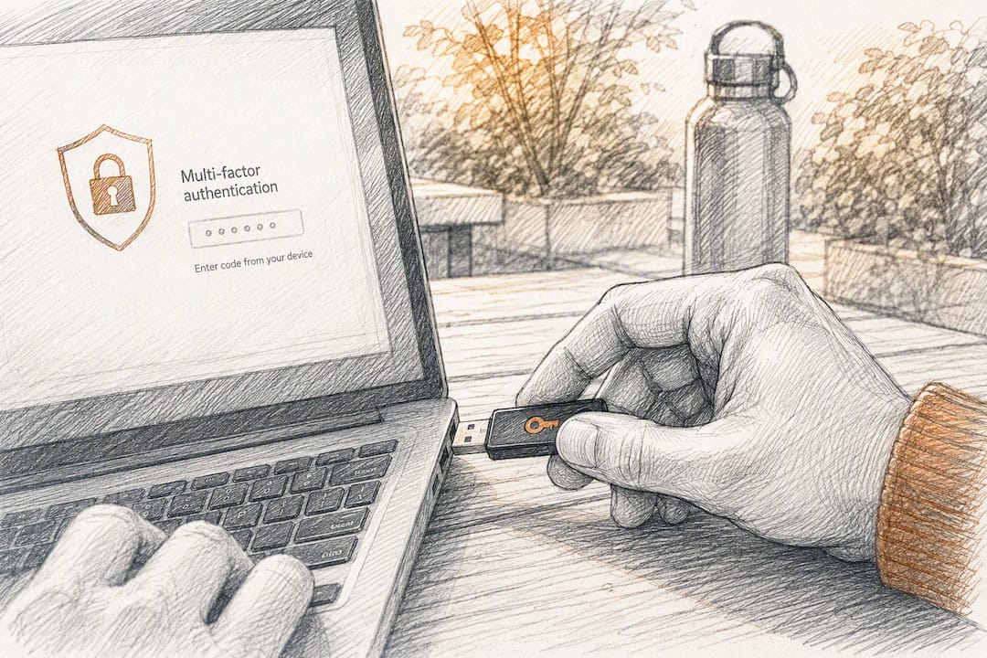 Hands connecting authentication device to laptop