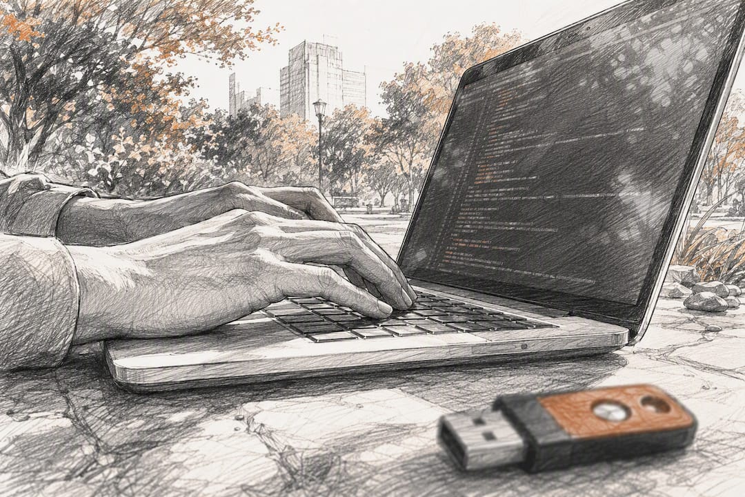 Hands typing on laptop keyboard for code change management