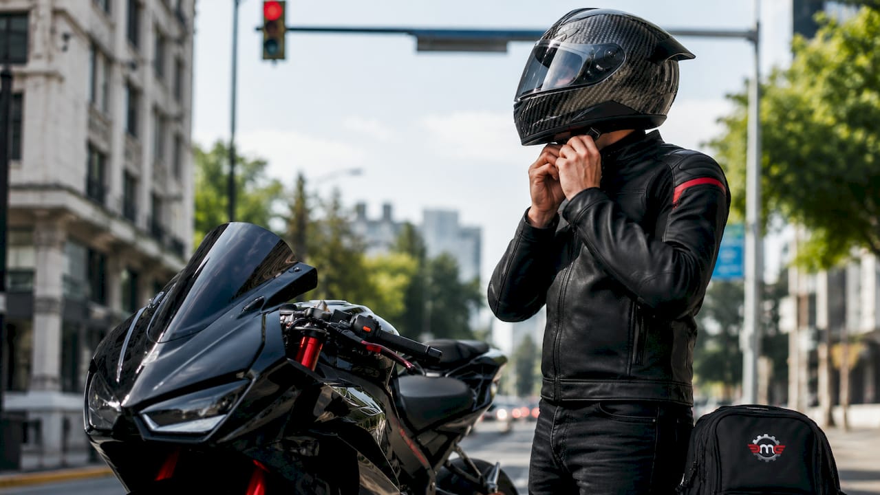 Motorcycle rider adjusting helmet strap outdoors