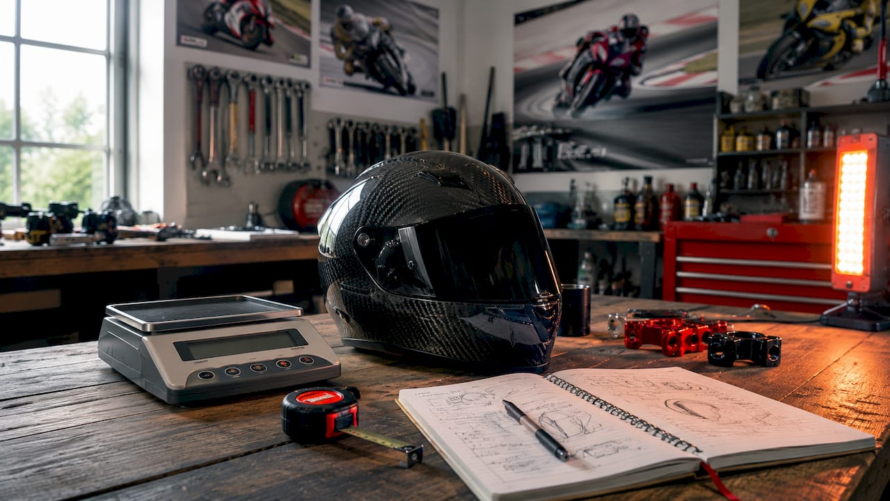 Overhead view of helmet weight balance setup