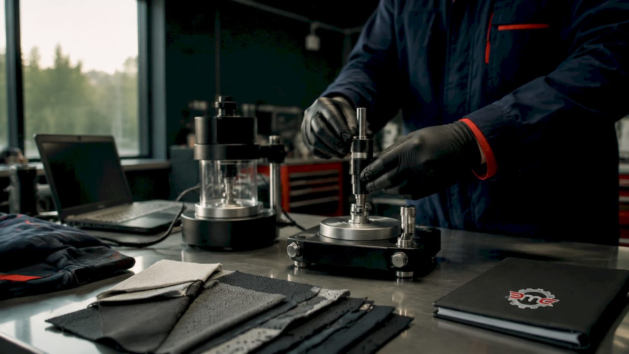 Technician handling breathability testing tools in lab