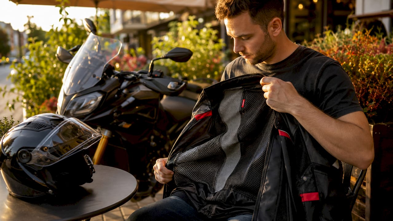 Motorcycle rider checking breathable jacket liner outdoors