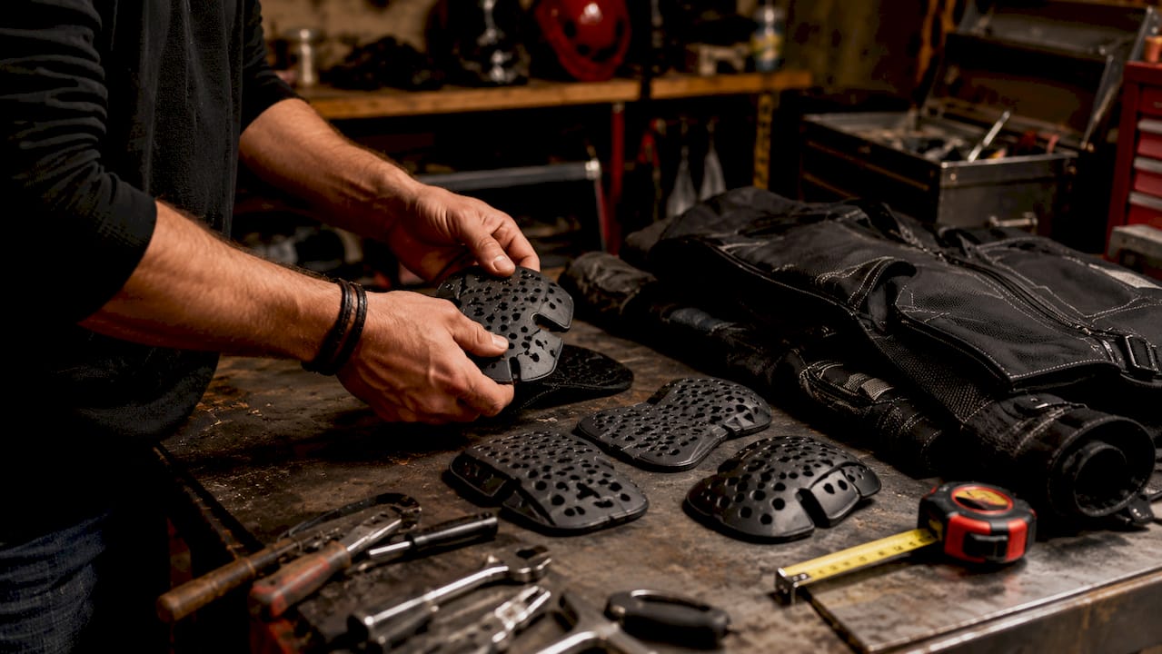 Close-up of hands examining motorcycle jacket armor inserts