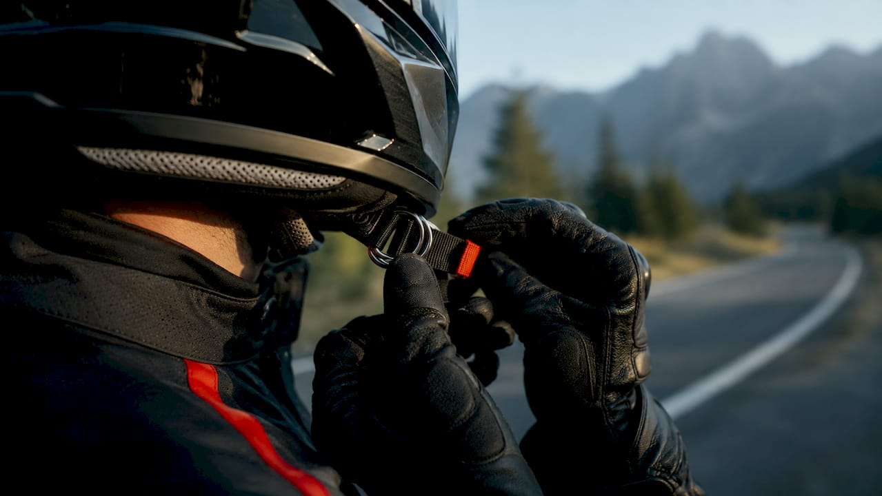 Close-up of helmet chin strap with Double D-Ring buckle