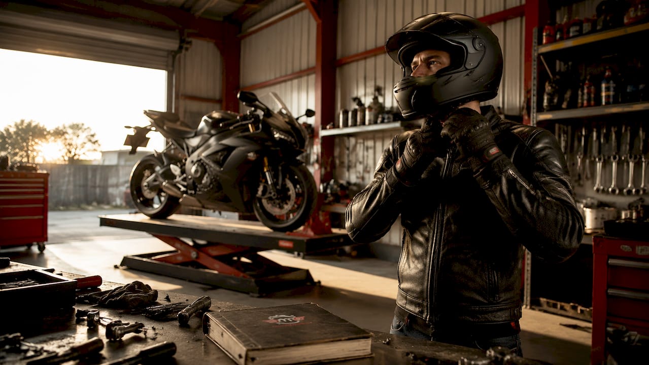 Rider adjusting motorcycle helmet retention straps