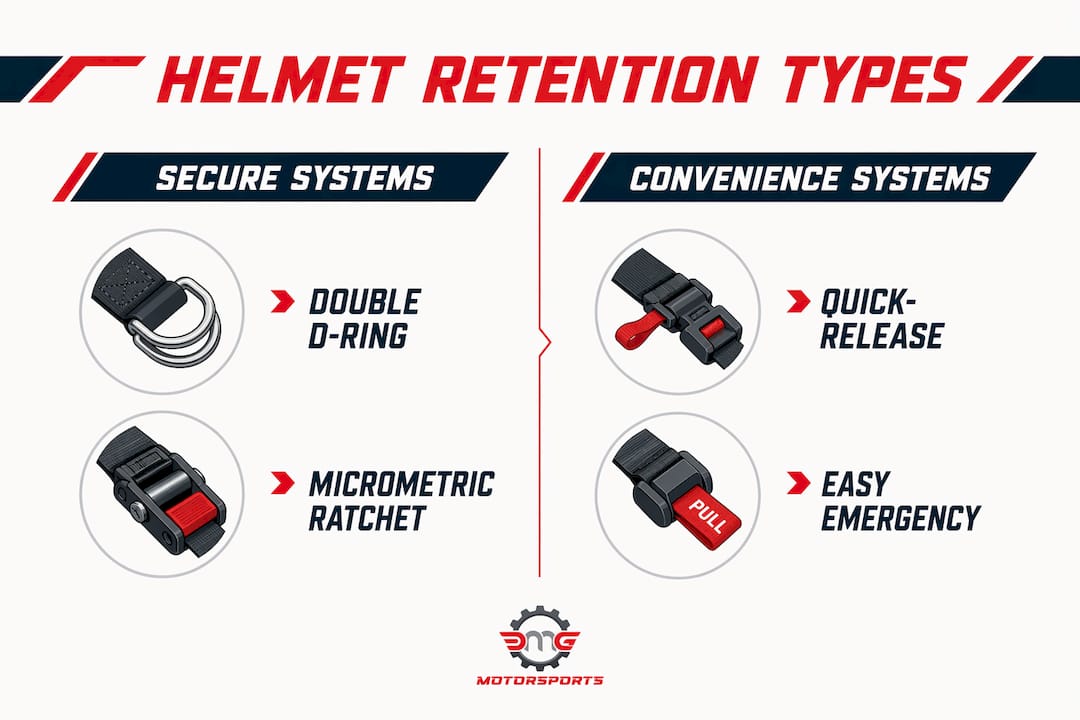 Infographic comparing helmet retention system types