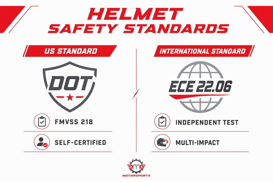Infographic comparing US and International helmet safety standards