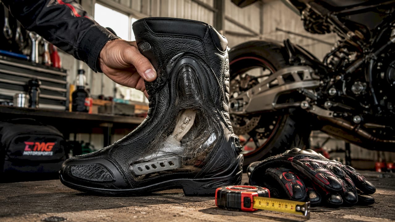 Close-up of motorcycle boot ankle protection details