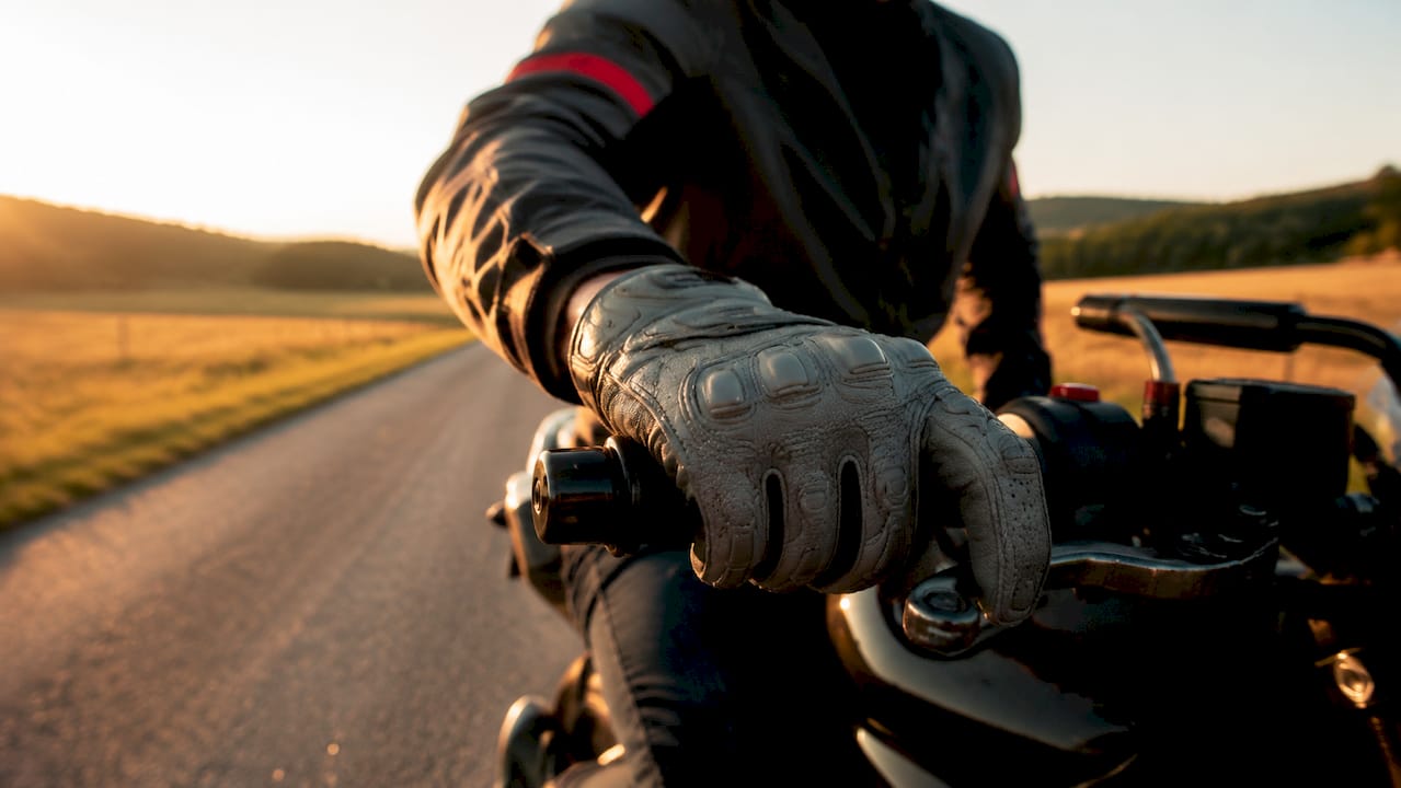Close-up of gloved hand gripping motorcycle handlebar