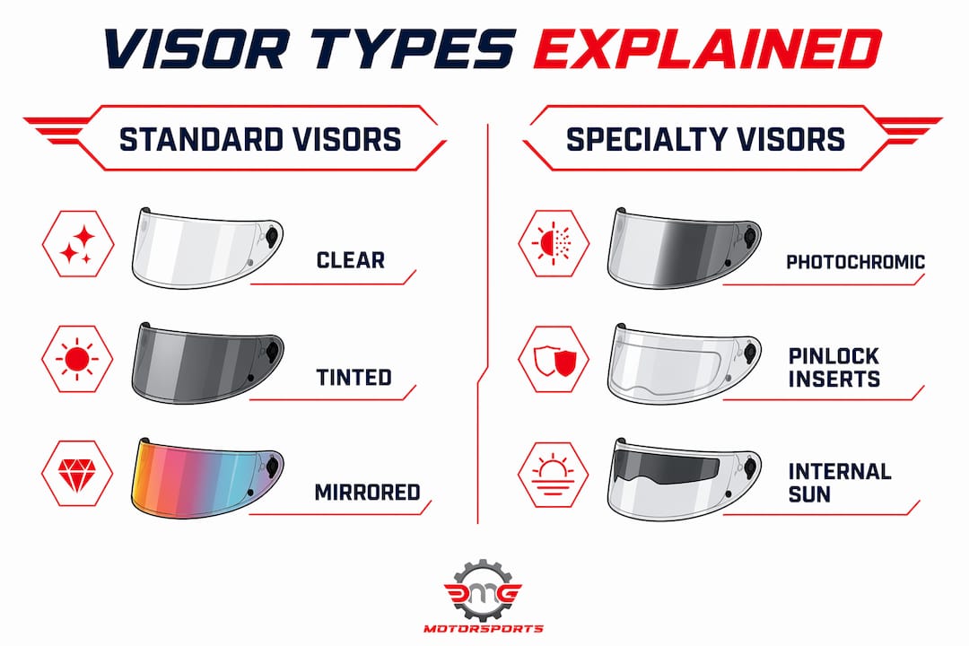 Infographic comparing standard and specialty motorcycle helmet visors