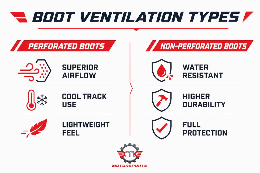 Infographic comparing perforated and non-perforated racing boots
