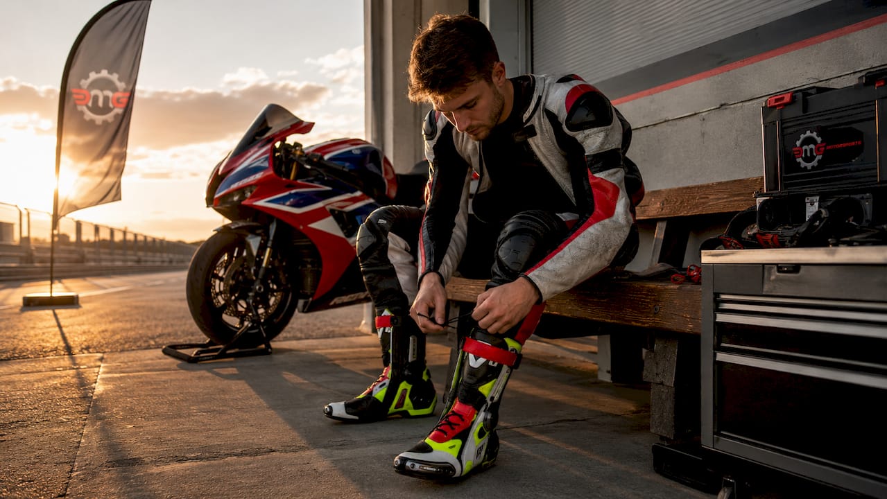 Rider lacing sportbike racing boots with ankle braces outdoors
