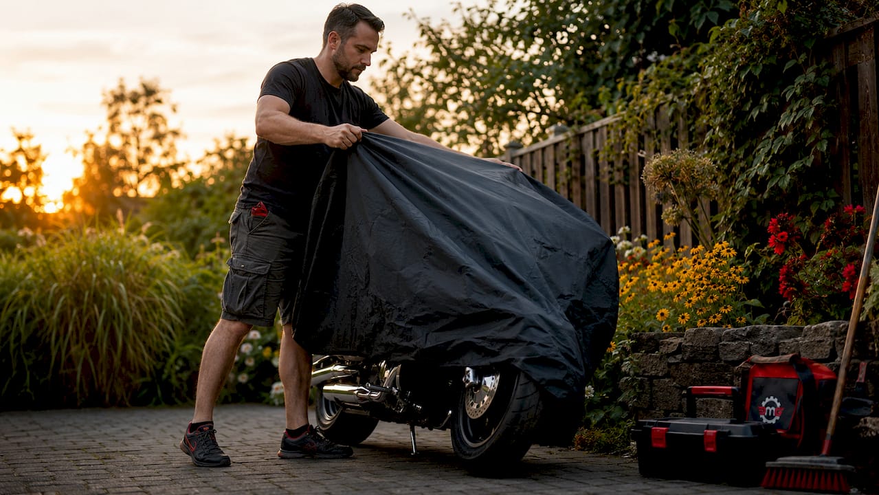 Man covering motorcycle outdoors with protective cover