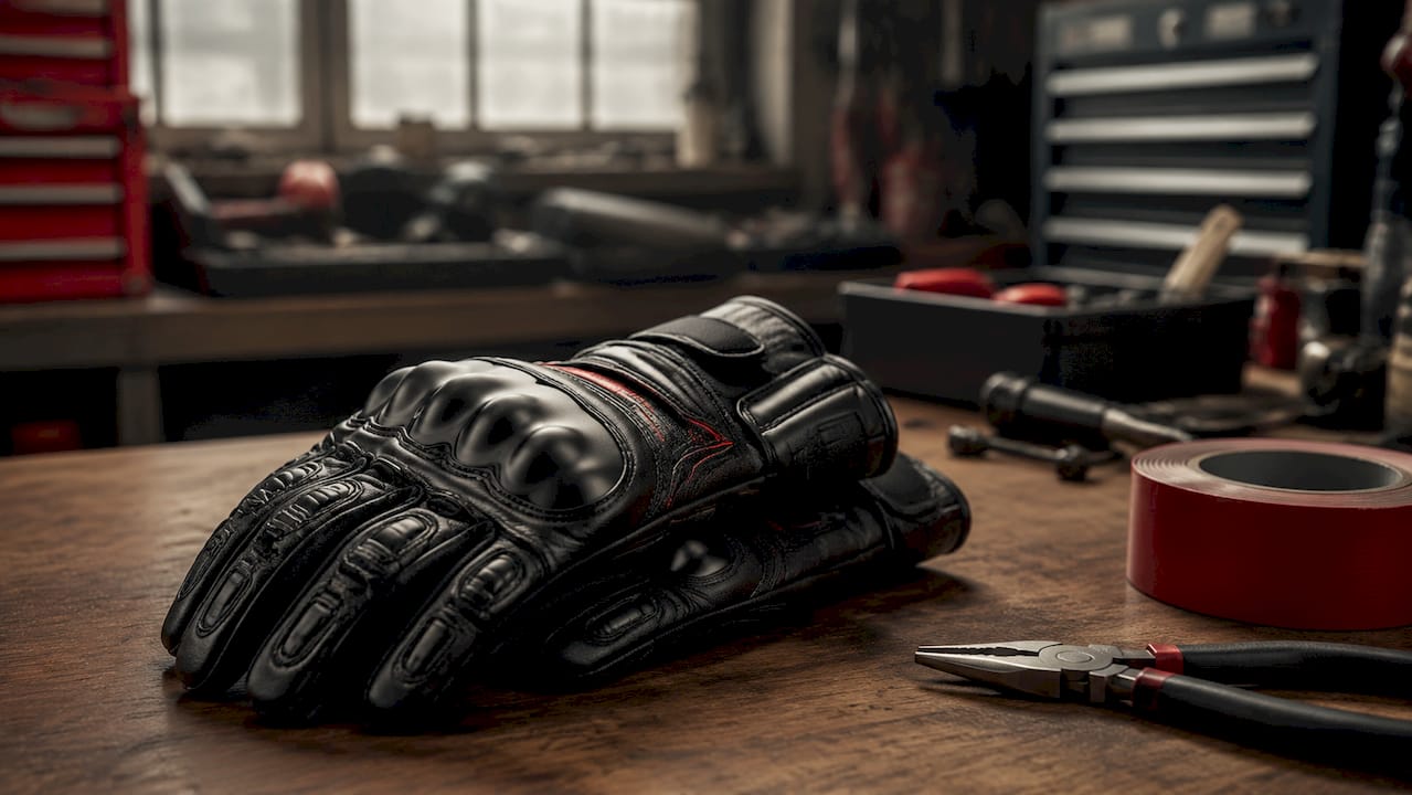 Close-up of motorcycle gloves with knuckle protectors