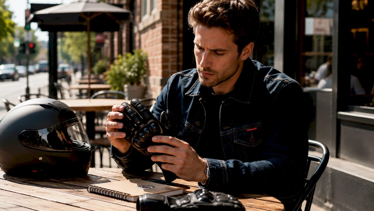 Motorcyclist examining certified gloves indoors