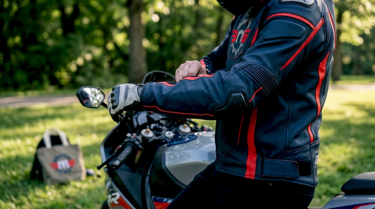 Close-up of pre-curved sleeve adjustment on motorcycle jacket