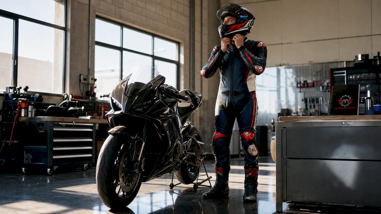 Rider adjusting gloves in race-replica gear next to motorcycle