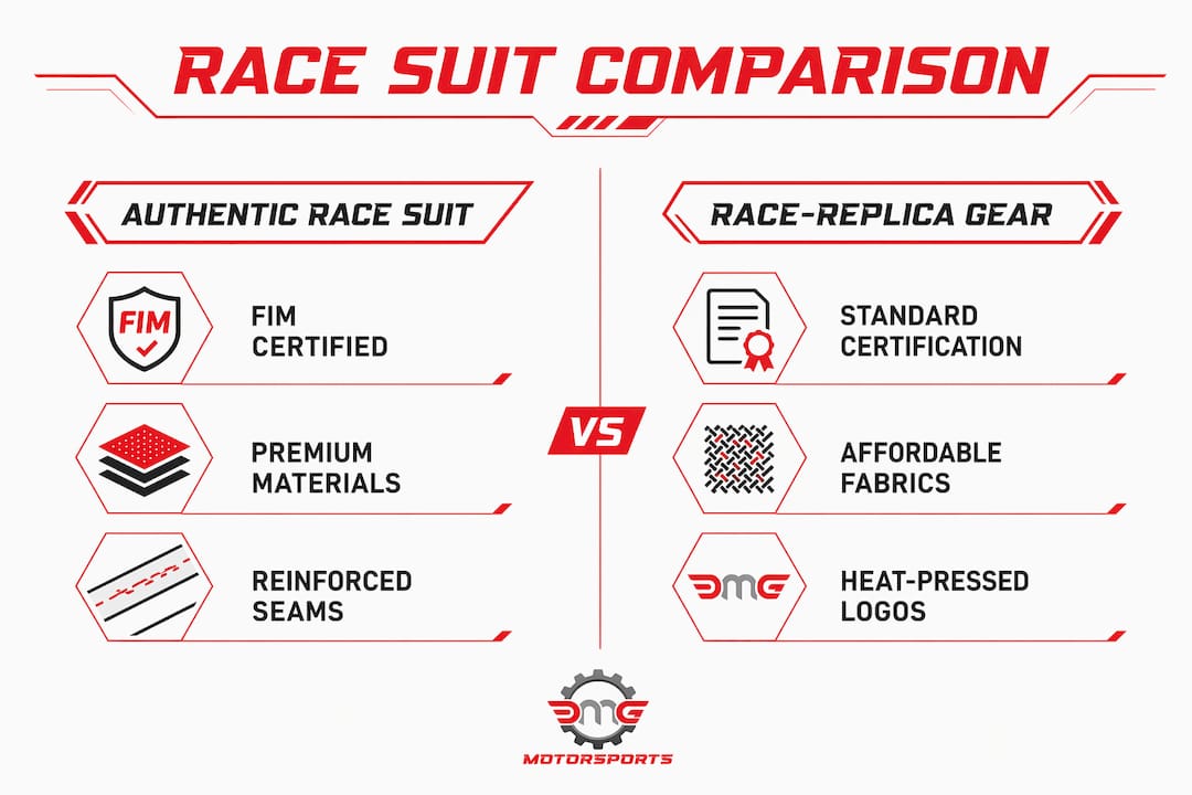 Infographic comparing authentic race suits and race-replica gear