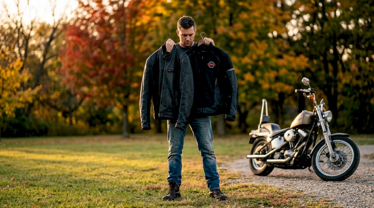 Motorcycle rider comparing leather and textile jackets outdoors