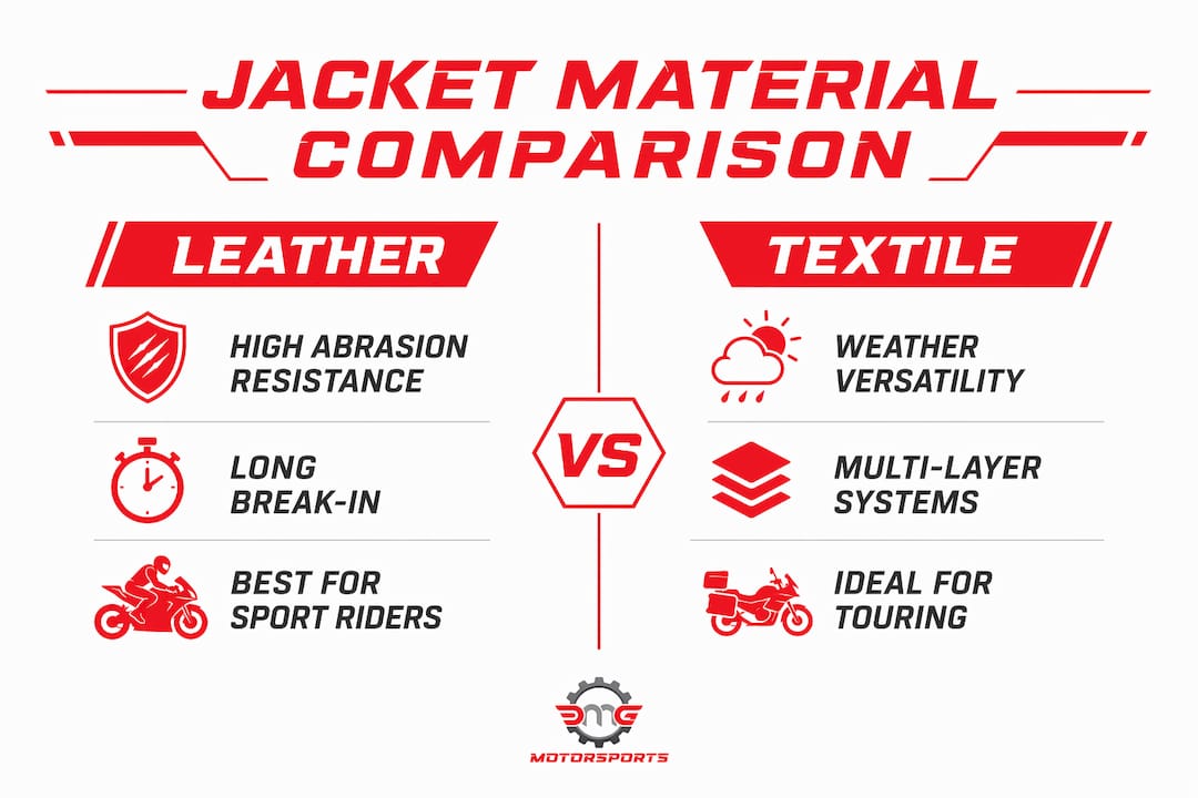 Infographic comparing leather and textile motorcycle jacket materials