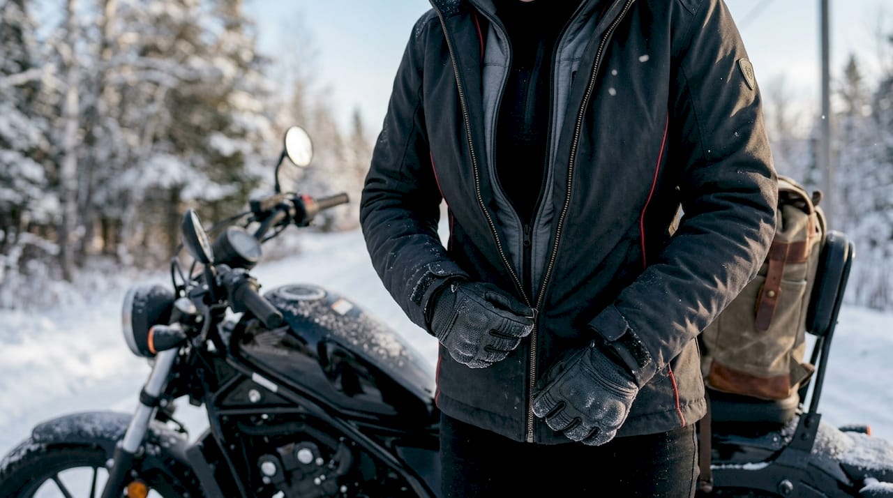 Close-up of rider layering cold weather gear