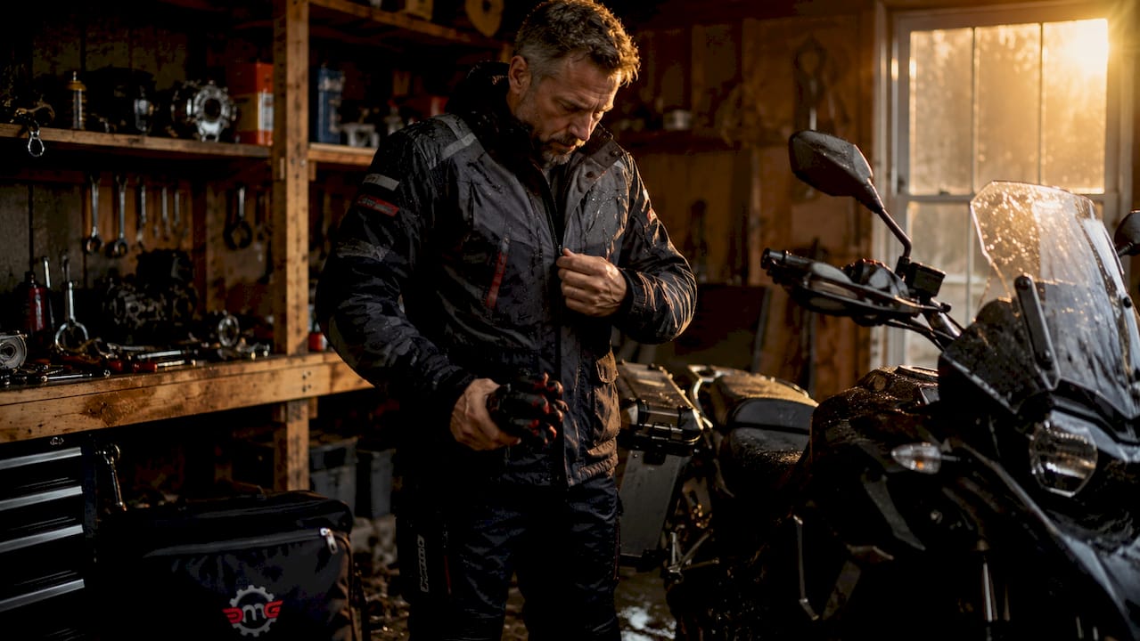 Motorcyclist outdoors preparing weather gear