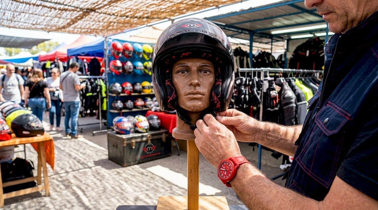 Hands tightening motorcycle helmet strap