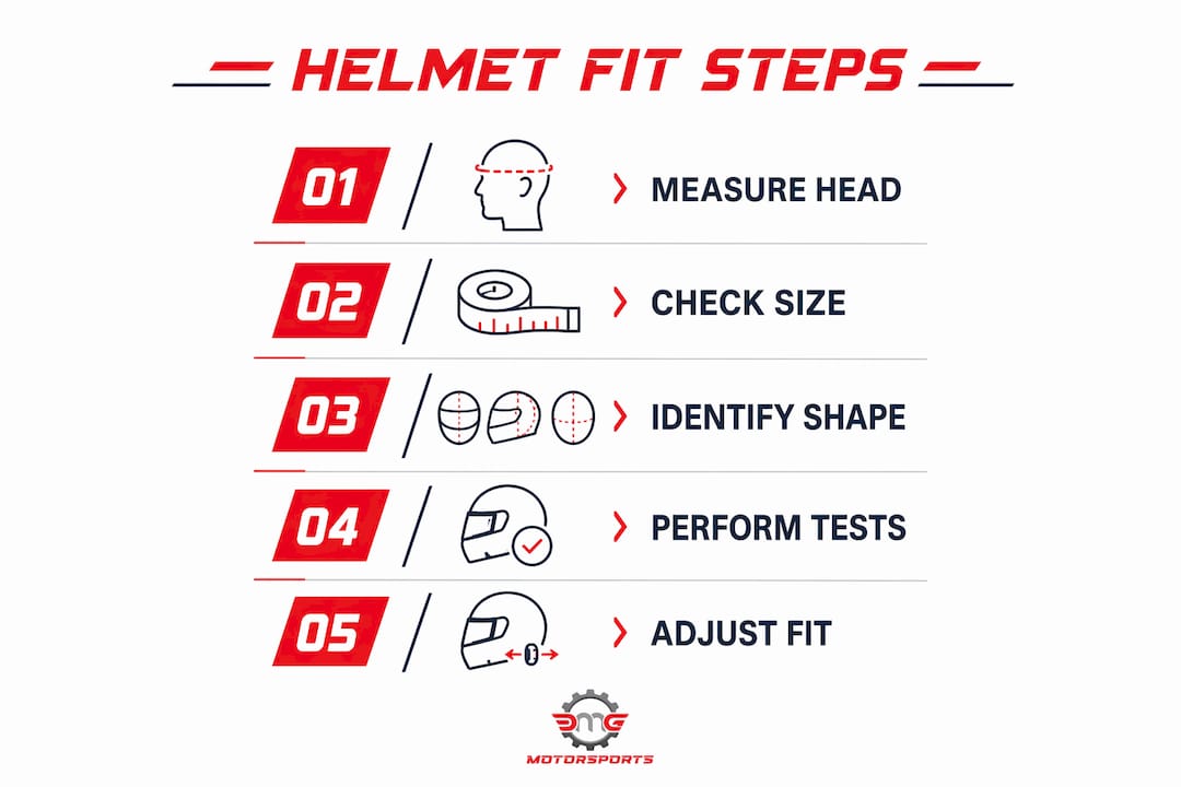 Infographic showing steps for motorcycle helmet fitting