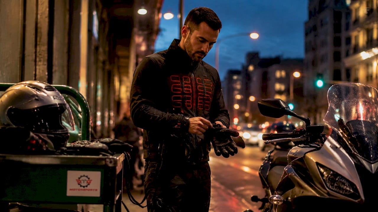 Motorcyclist preparing heated gear beside motorcycle