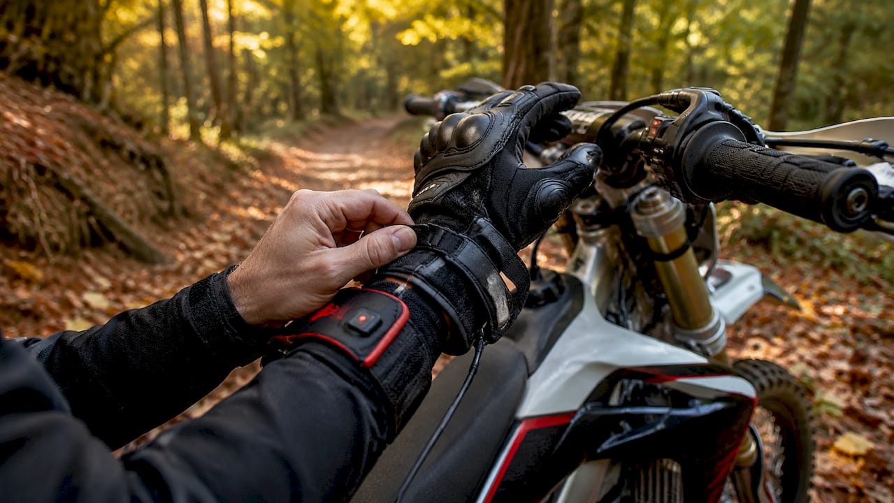 Close-up of heated gloves and grips on motorcycle handlebars