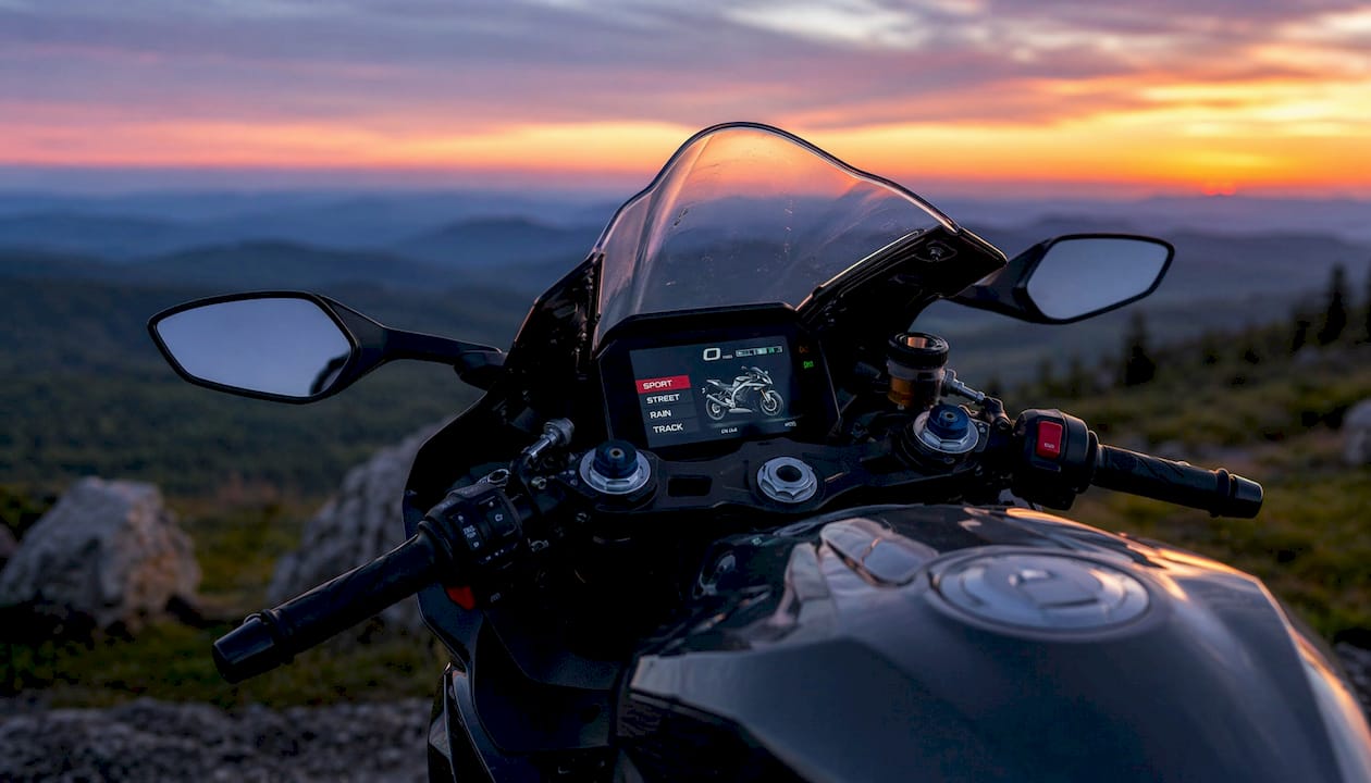 Motorcycle dashboard showing ride modes