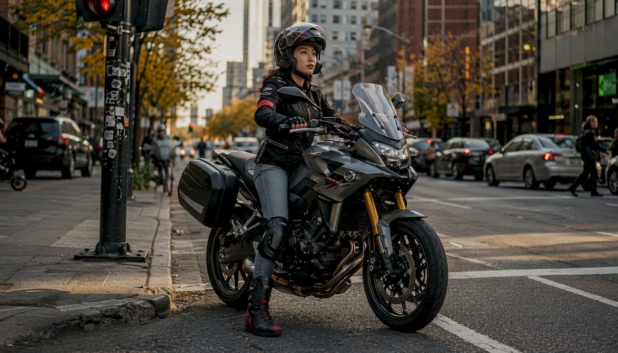 Female rider on motorcycle in city