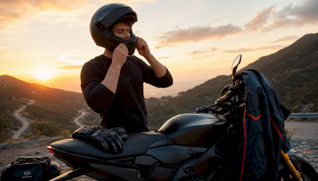 Motorcyclist adjusting helmet vents outdoors