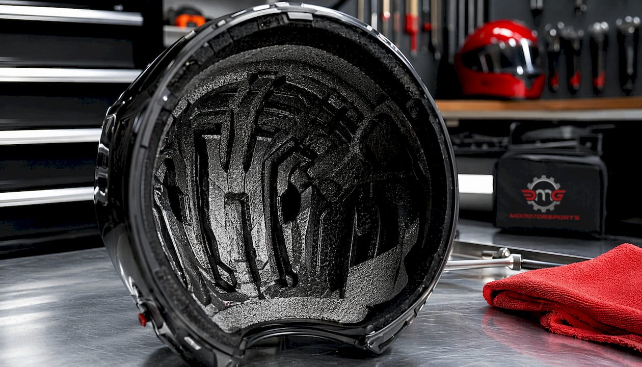 Opened helmet showing internal airflow channels