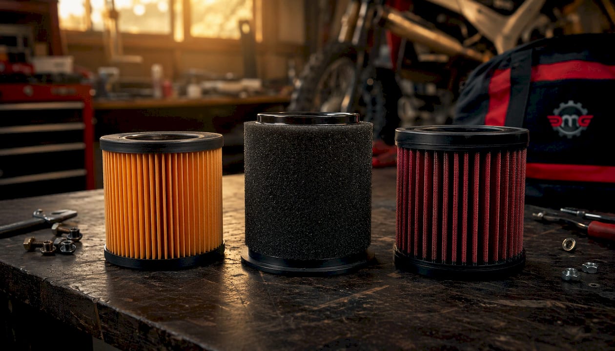 Three types of motorcycle air filters on table