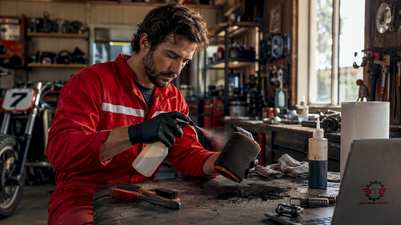 Mechanic cleaning a motorcycle foam air filter