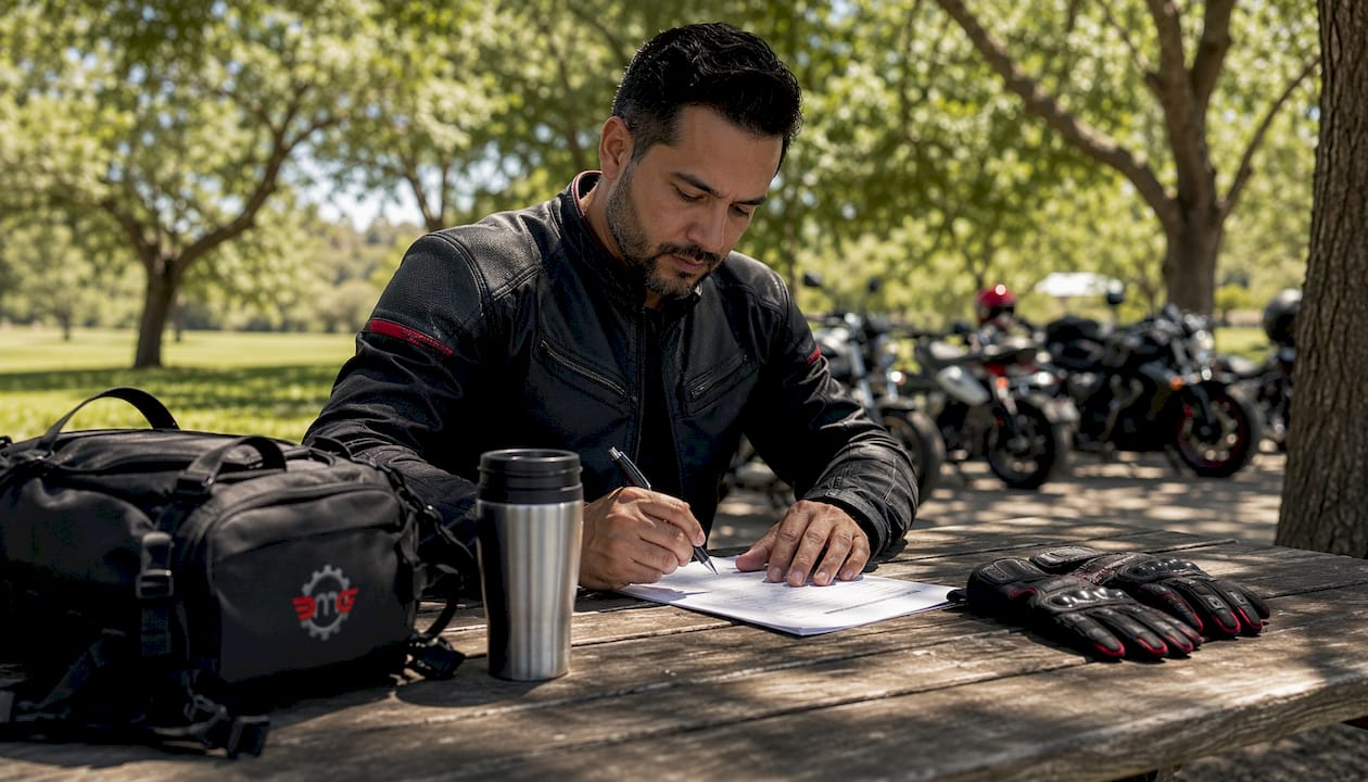 Road Captain marking pre-ride checklist at café
