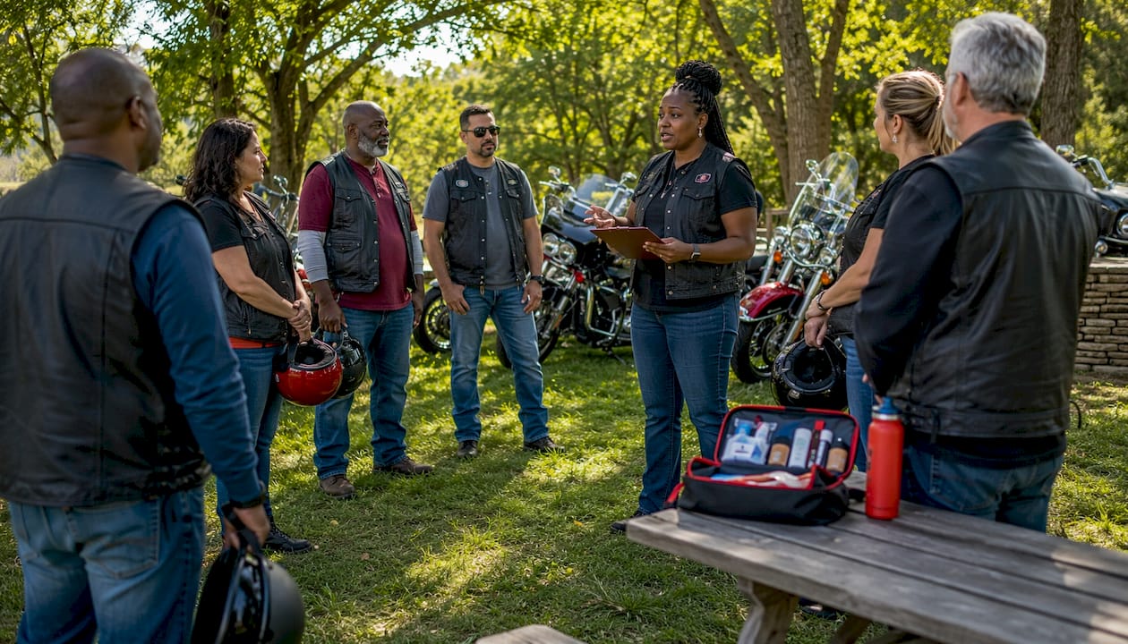 Motorcyclists group at safety briefing outdoors