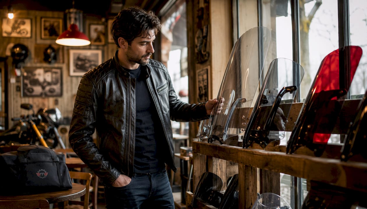 Man examining motorcycle windshields in showroom