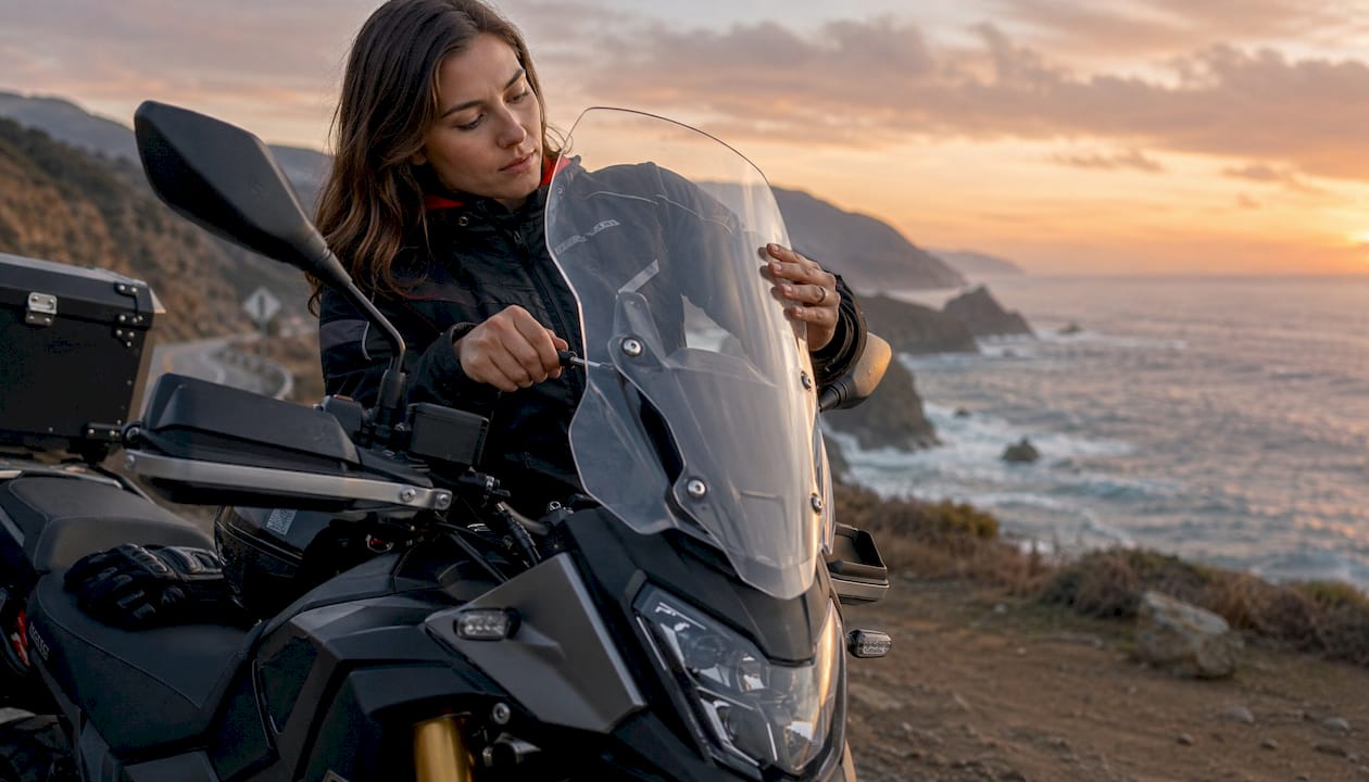 Motorcyclist adjusting windshield on forest road