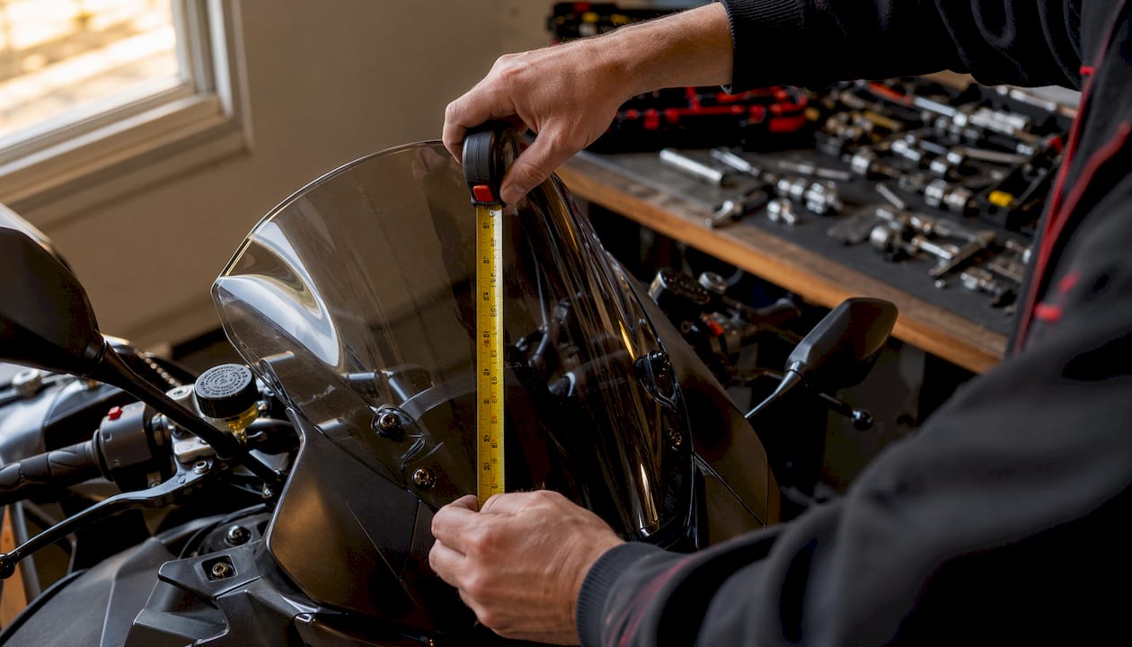 Hands measuring motorcycle windshield height