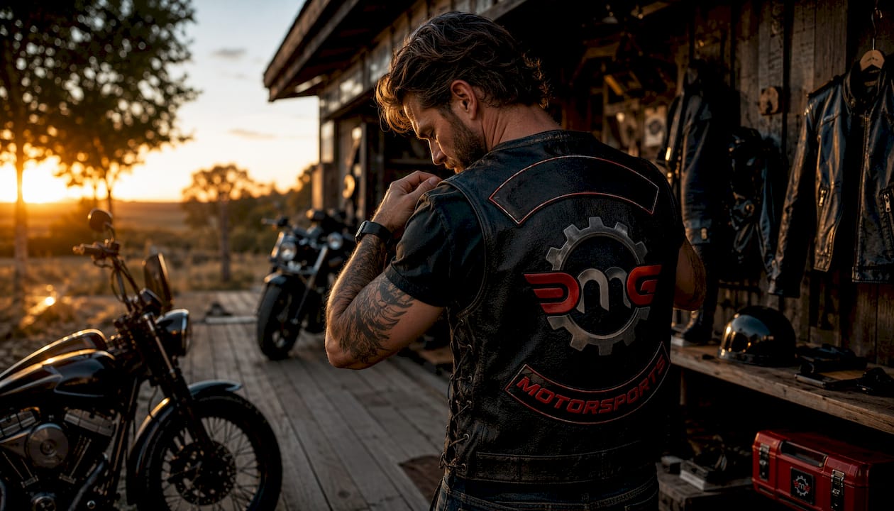 Motorcyclist adjusting back patches on leather vest