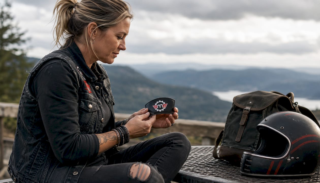 Woman inspecting bottom rocker patch outdoors