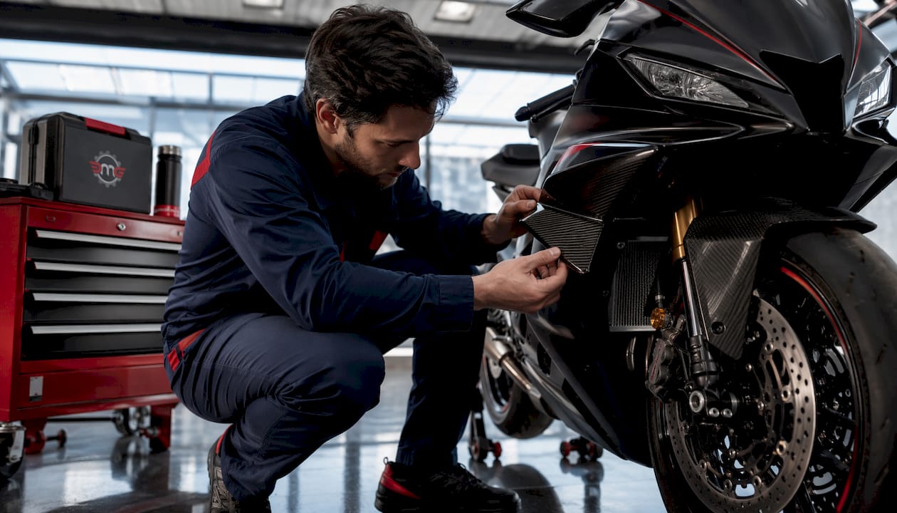 Technician installing carbon fiber winglet on sportbike