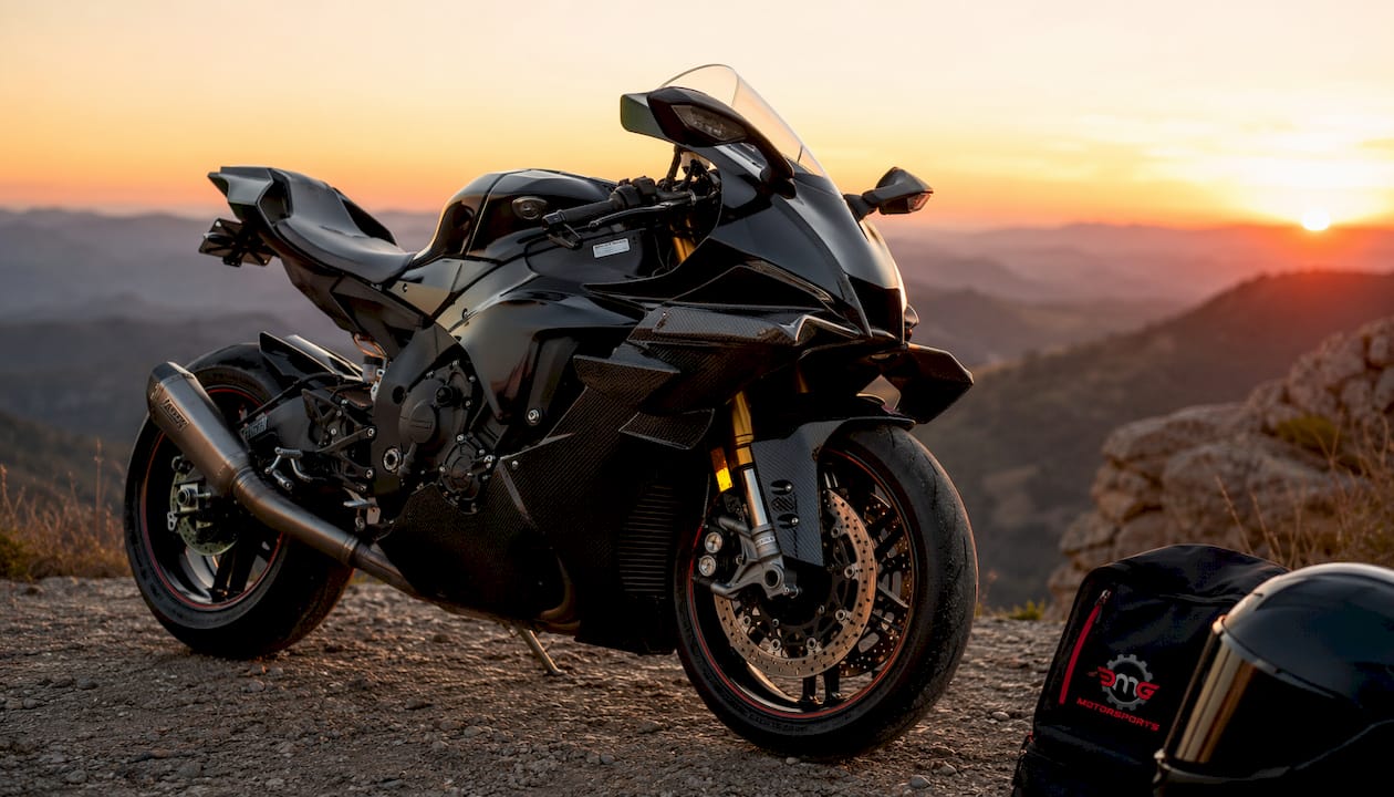 Sportbike with aerodynamic accessories side view